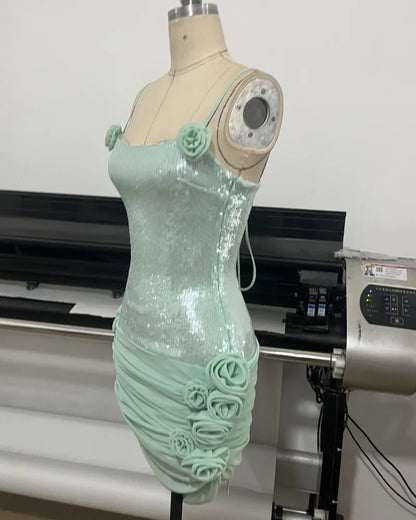 Elegant Dresses - Sexy Spaghetti Strap Backless Prom Dresses for Women Luxury 2025 Summer Sequins Flower Lace-up Pleated Mini Dress Elegant Gowns