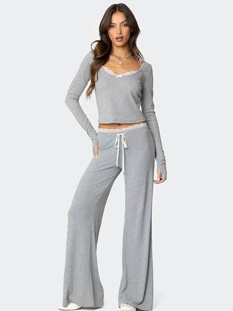 Loungewear - Women Lace Top Pant Suit Casual Bow Lace Up Patchwork Blouse Loose Elastic Waist Trouser Female Sets 2025 Spring Lady Streetwear