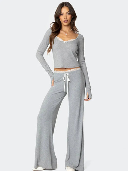 Loungewear - Women Lace Top Pant Suit Casual Bow Lace Up Patchwork Blouse Loose Elastic Waist Trouser Female Sets 2025 Spring Lady Streetwear