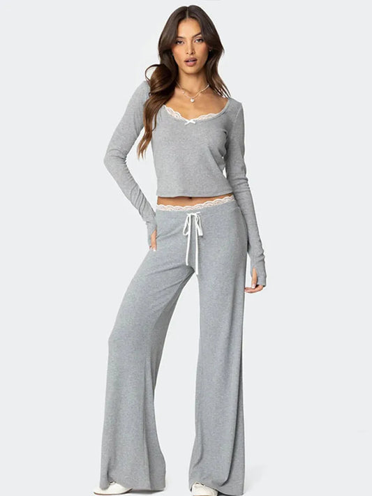 Loungewear - Women Lace Top Pant Suit Casual Bow Lace Up Patchwork Blouse Loose Elastic Waist Trouser Female Sets 2025 Spring Lady Streetwear
