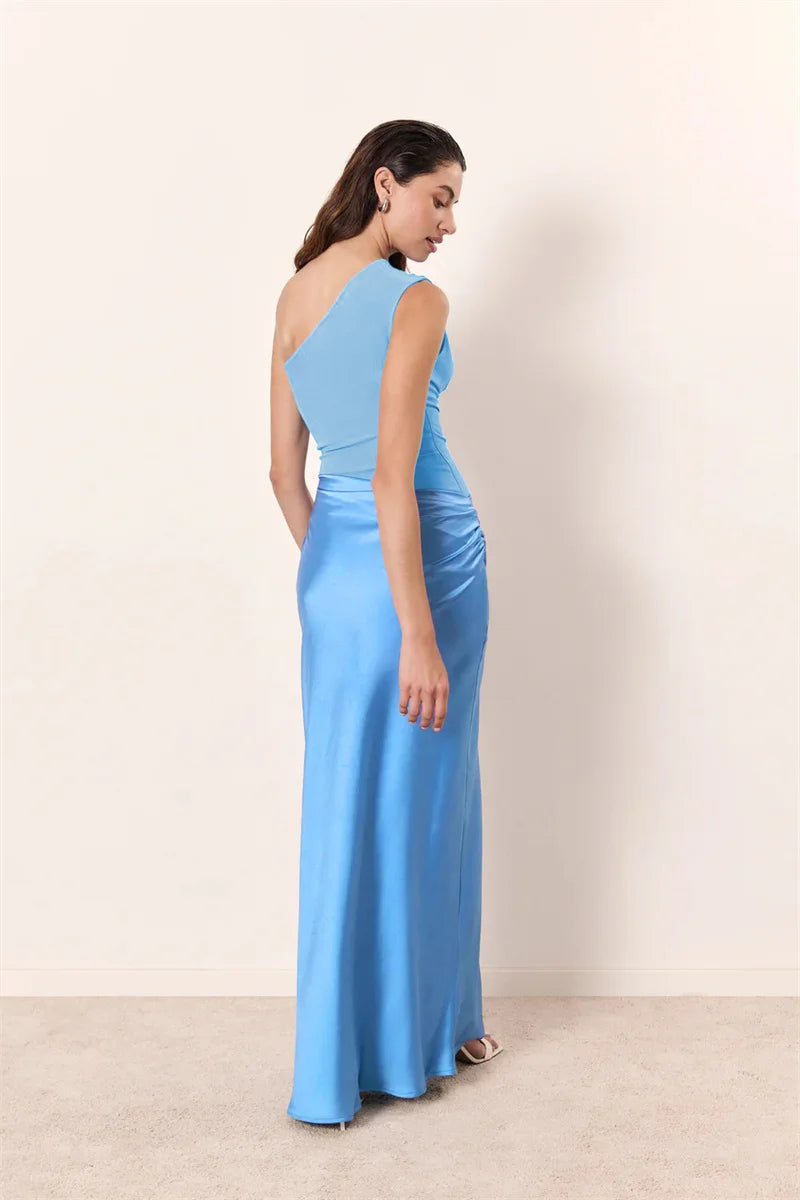 Elegant Dresses - Satin Inclined Shoulder Sexy Maxi Dress Women Fashion Patchwork Sleeveless Backless Bodycon Evening Club Party Dress