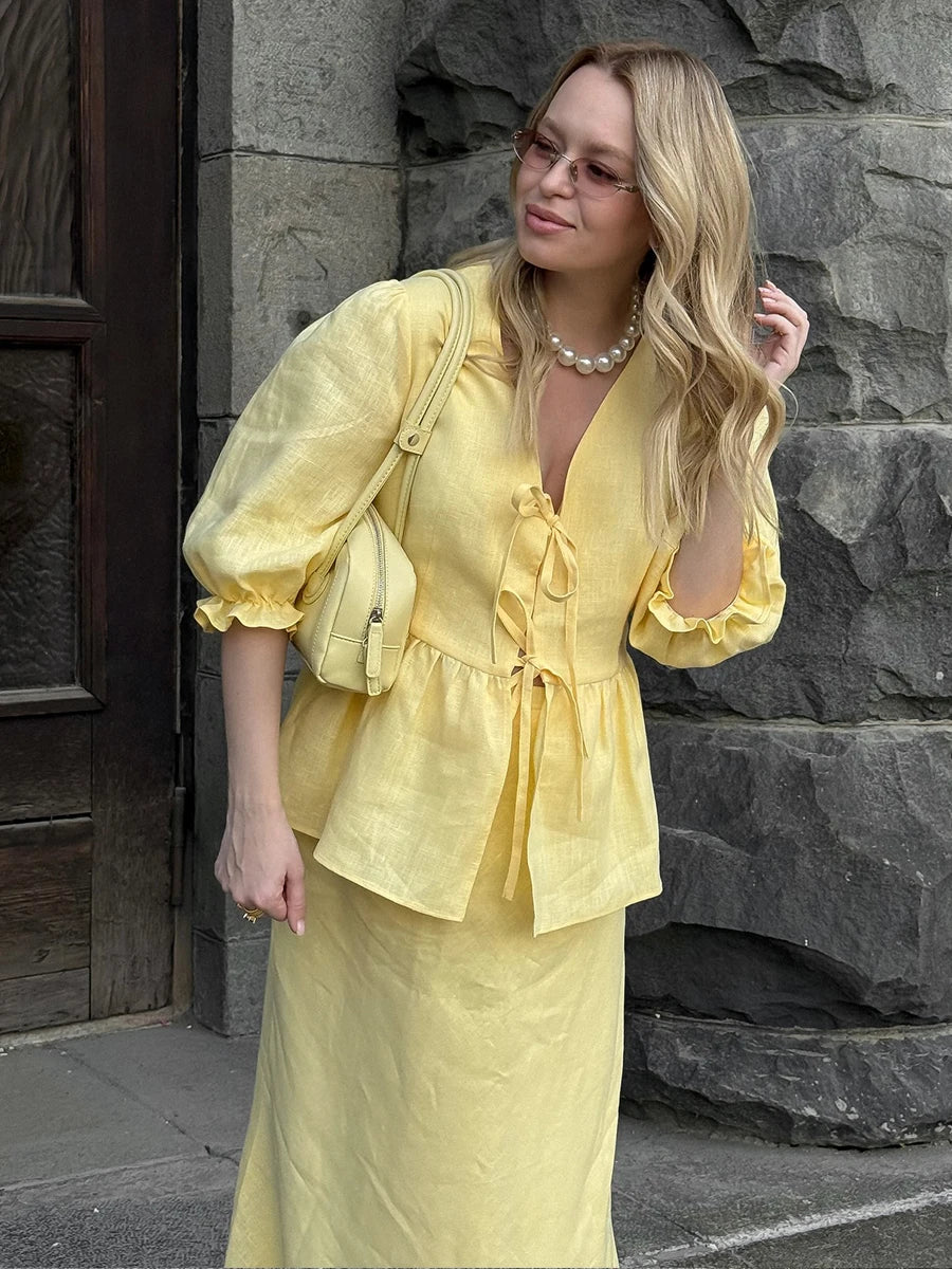 Matching Sets - Bornladies 2025 Summer Women's 100% Cotton V-Neck Lace-Up Bubble Sleeve Shirt Long Skirt Set Loose Casual Two-Piece Suit