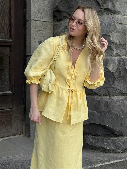 Matching Sets - Bornladies 2025 Summer Women's 100% Cotton V-Neck Lace-Up Bubble Sleeve Shirt Long Skirt Set Loose Casual Two-Piece Suit