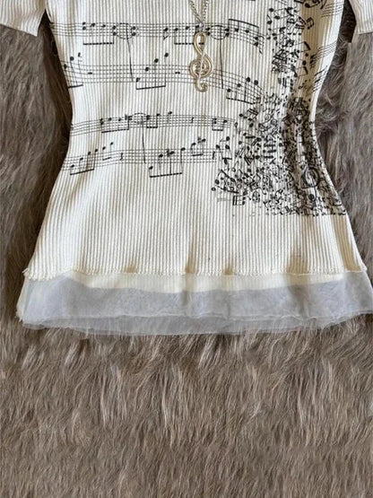 Off Shoulder Tops - Korean 2000s Punk Goth Girls Graphic Tops Off Shoulder Sexy Lace Cotton T Shirts Cute Music Pattern Y2K Sweet Women Crop Tops