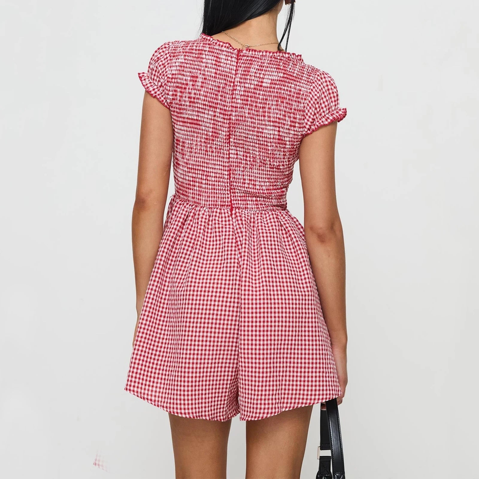 Casual Dresses - Women Y2k Gingham Playsuit Short Sleeve Smocked Babydoll Bodysuit Rompers Flowy A-Line Club Dress Retro Streetwear