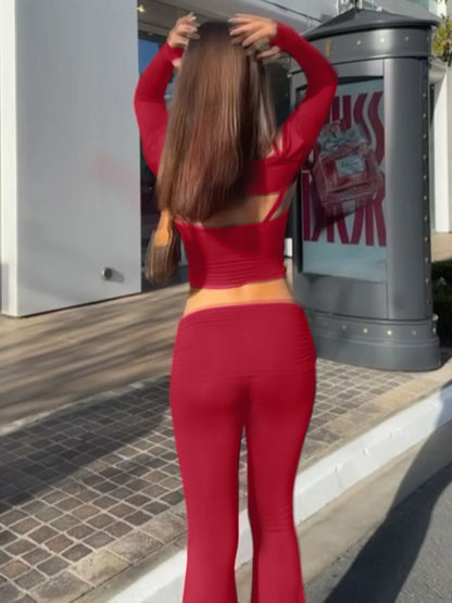 Matching Sets - Sexy Casual 2 Piece Pants Set Sleeveless Camisole With Long Sleeve Waistcoat Flare Pants Matching Set Club Streetwear