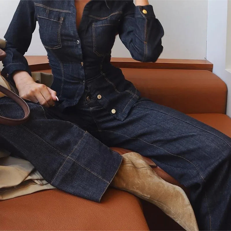 Pants Set - Denim Pants Set Women Lapel Long Sleeve Single Breasted Slim Jacket Zippers Straight Jeans Trousers 2025 Spring Lady Streetwear