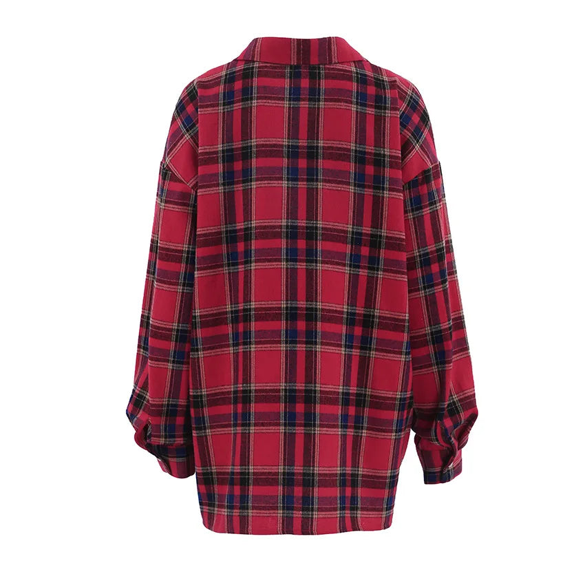 Plaid Shirt For Women, Red Bright Grid, Oversized Blouse, Leisure And Fashionable Top, Spring And Autumn Seasons