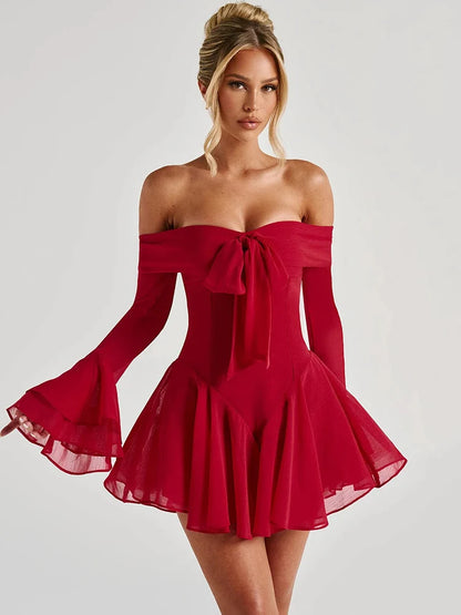 Party Dresses - Strapless Long Flare Sleeve Sexy Mini Dress For Women Robe Off-shoulder Backless High Waist A-line Club Party Dress