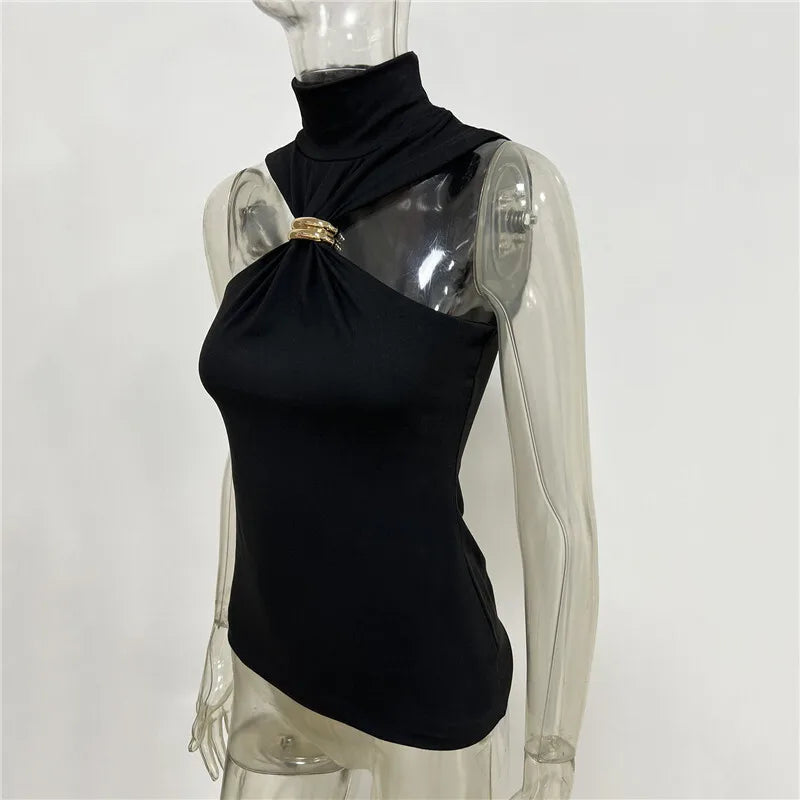Halter Tops - Turtleneck Basic Knit Tank Tops Women Vest Pullovers Metal Ring Camisole Sleeveless Skinny Knitted Tops Y2K Cropped Top