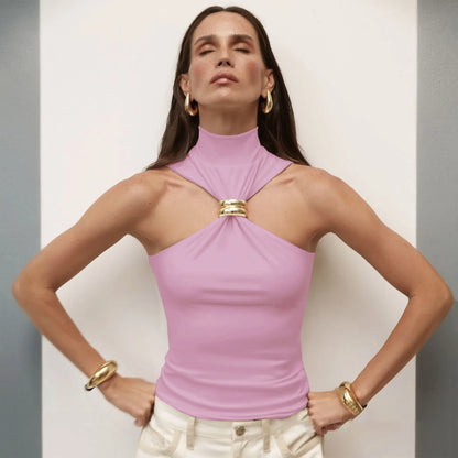 Halter Tops - Turtleneck Basic Knit Tank Tops Women Vest Pullovers Metal Ring Camisole Sleeveless Skinny Knitted Tops Y2K Cropped Top