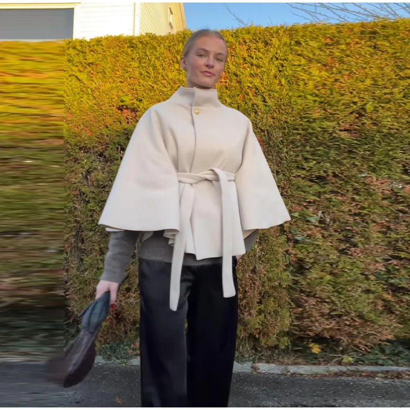 Coats - Elegant Stand Women's Coat Solid Long Sleeve Button Belted Lace-Up Cardigan Jacket 2025 Autumn Winter Outerwear Female Tops