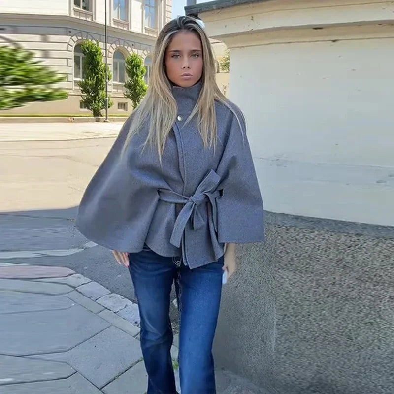 Coats - Elegant Stand Women's Coat Solid Long Sleeve Button Belted Lace-Up Cardigan Jacket 2025 Autumn Winter Outerwear Female Tops