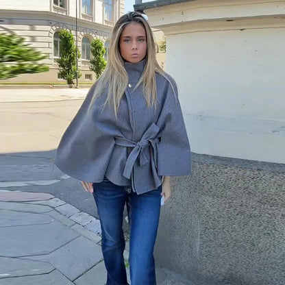 Coats - Elegant Stand Women's Coat Solid Long Sleeve Button Belted Lace-Up Cardigan Jacket 2025 Autumn Winter Outerwear Female Tops