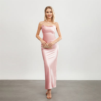 Satin Dresses - Backless Spaghetti Straps Party Long Dresses 2024 New Evening Gown Satin Vestidos Women's Cowl Neck Slip Wrap Dress