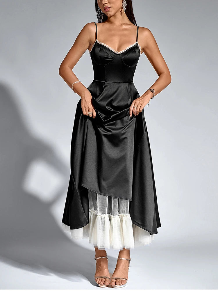 Elegant Dresses - Women's Adjustable Straps V-Neck Lace Slip Long Corset Dress Backless Contrast Elegant Casual Party Midi Dresses Black