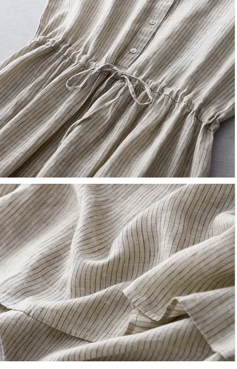 Casual Dresses - Cotton Sleeveless Dresses for Women 2025 New Summer Elegant Drawstring Tank Dress Casual Loose Vintage Stripe Female Midi Dress