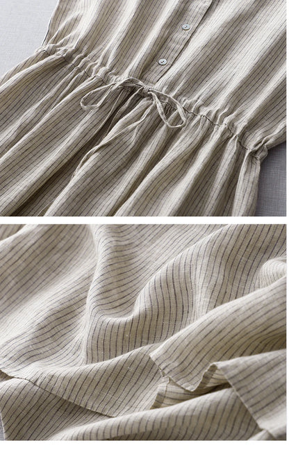 Casual Dresses - Cotton Sleeveless Dresses for Women 2025 New Summer Elegant Drawstring Tank Dress Casual Loose Vintage Stripe Female Midi Dress