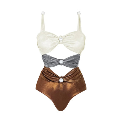 Metallic Swimwear - 2Pcs Hollow Swimsuit Women Sexy Swimwear 2025 New Bikini With Skirt Female Biquini Push Up Swim Suit Bodysuit Beachwear Cover Up