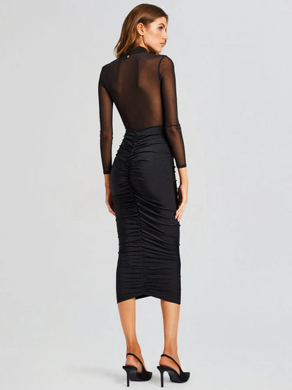 Bodycon dresses - Mozision Sheer Long Sleeve Ruched Sexy Maxi Dress Women Fashion Half High Collar See Through Backless Bodycon Sexy Long Dress