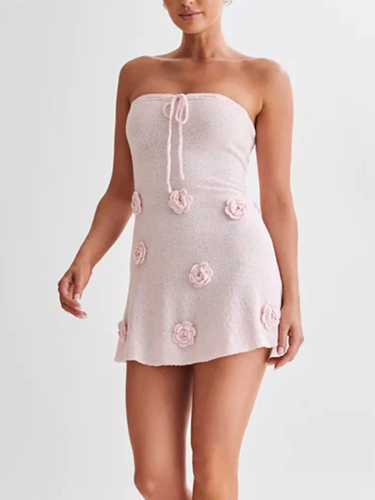 Casual Dresses - Elegant Sleeveless Lace Up Pink Mini Dress Women New Fashion 3d Flower Backless Sexy A-Line Short Dresses Bodycon Birthday Party
