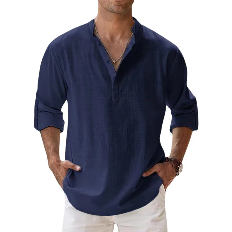 Men Shirts - New Cotton Linen Shirts for Men Casual Shirts Lightweight Long Sleeve Henley Beach Shirts Hawaiian T Shirts for Men