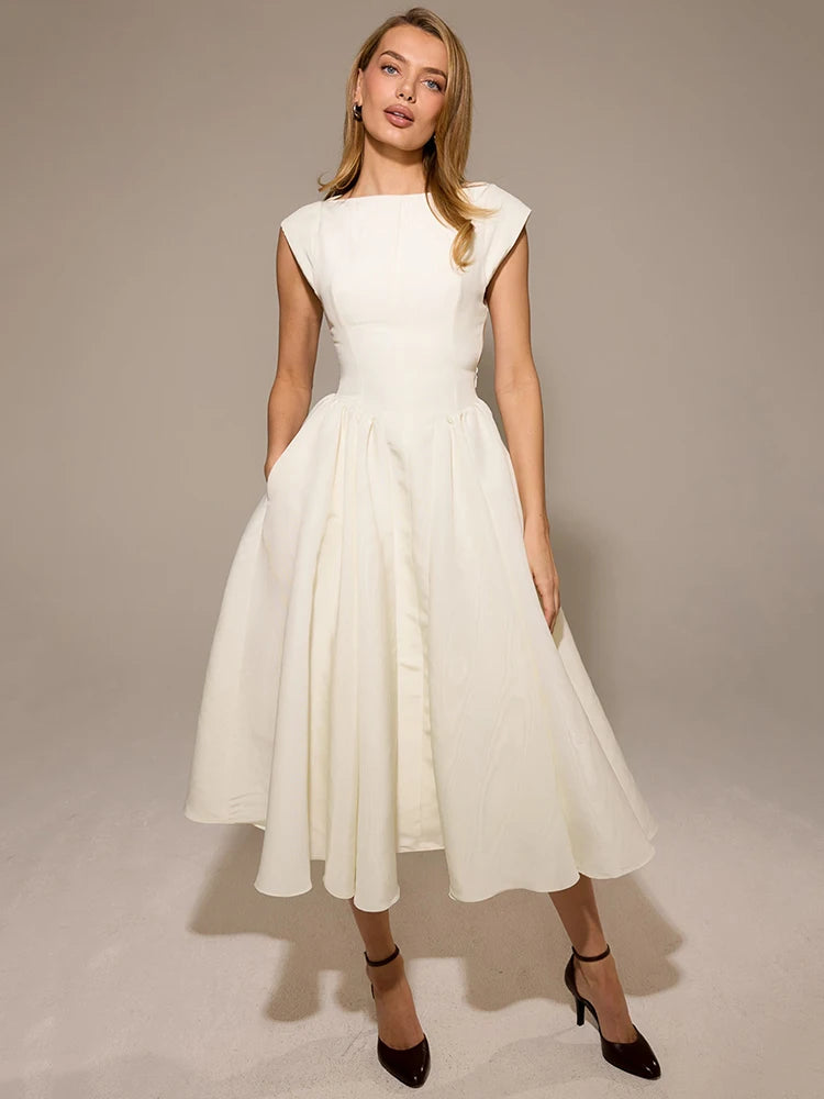 Elegant Dresses - White Backless A-line Sexy Maxi Dress For Women Gown Solid Hollow Out Sleeveless High Waist Club Pleated Dress Elegant