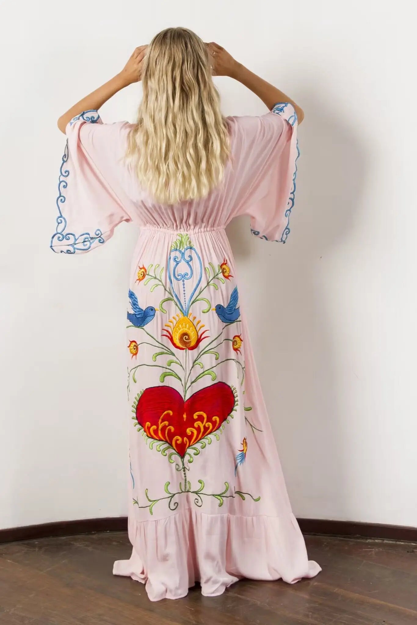 Kaftans - Jastie Embroidered Women Maxi Dress V-Neck Batwing Sleeve Loose Oversize Summer Dresses Drawstring Waist Boho Beach Vestidos
