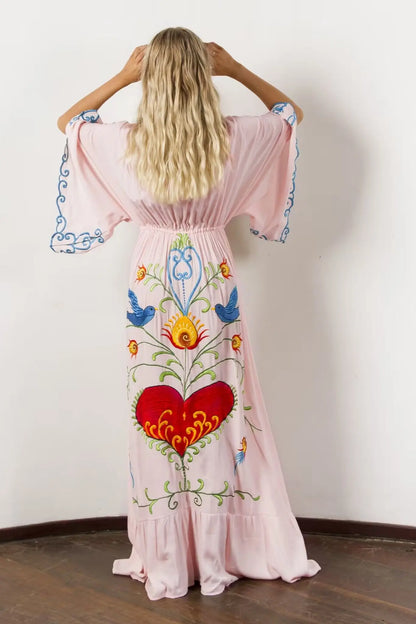 Kaftans - Jastie Embroidered Women Maxi Dress V-Neck Batwing Sleeve Loose Oversize Summer Dresses Drawstring Waist Boho Beach Vestidos