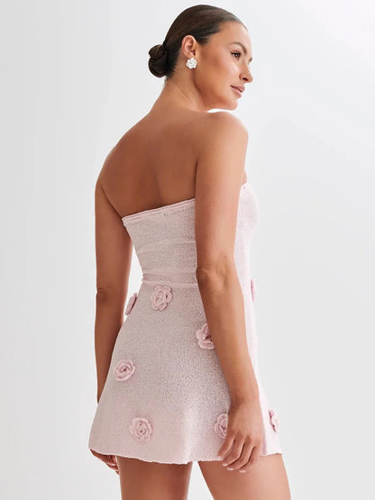 Casual Dresses - Elegant Sleeveless Lace Up Pink Mini Dress Women New Fashion 3d Flower Backless Sexy A-Line Short Dresses Bodycon Birthday Party