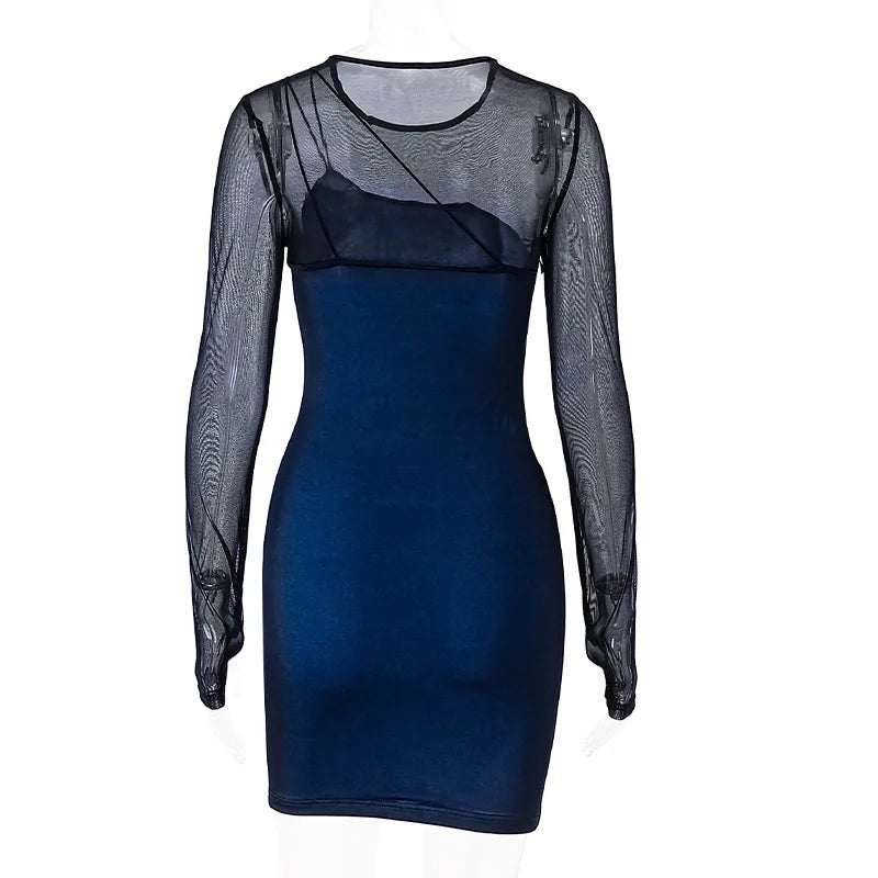 Vintage Mesh Sheer Long Sleeve Sexy Mini Dress Party Elegant Fashion Club Outfits for Women Spring Bodycon Dresses