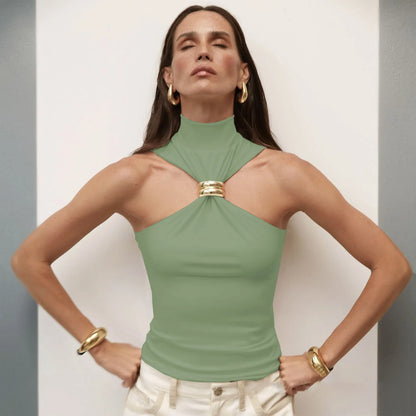 Halter Tops - Turtleneck Basic Knit Tank Tops Women Vest Pullovers Metal Ring Camisole Sleeveless Skinny Knitted Tops Y2K Cropped Top
