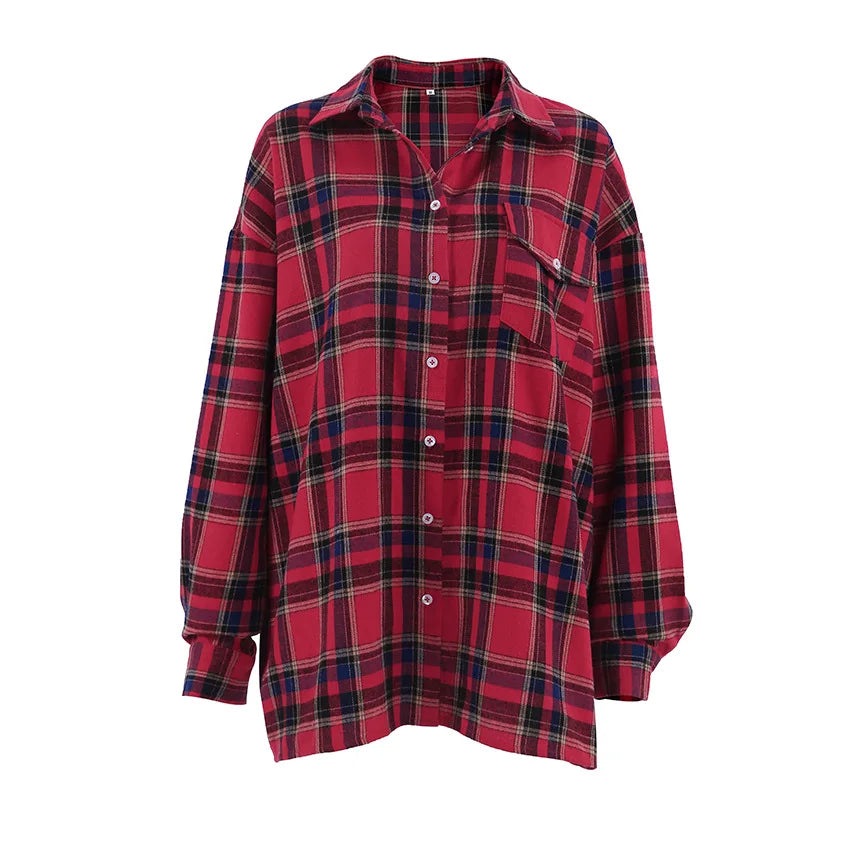 Plaid Shirt For Women, Red Bright Grid, Oversized Blouse, Leisure And Fashionable Top, Spring And Autumn Seasons
