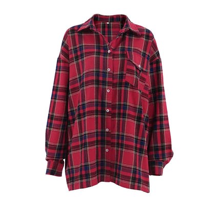 Plaid Shirt For Women, Red Bright Grid, Oversized Blouse, Leisure And Fashionable Top, Spring And Autumn Seasons