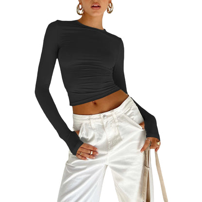 Tees - Fashion Women Basic T-shirt with Thumb Holes Long Sleeve Crew Neck Solid Slim Fit Basic Crop Top Streetwear