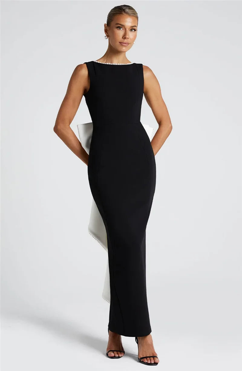 Elegant Dresses - Elegant Pearl Bow Backless Sexy Maxi Dress Women Gown Fashion Sleeveless High Waist A-line Club Party Long Dress