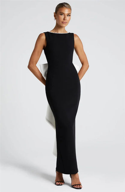 Elegant Dresses - Elegant Pearl Bow Backless Sexy Maxi Dress Women Gown Fashion Sleeveless High Waist A-line Club Party Long Dress
