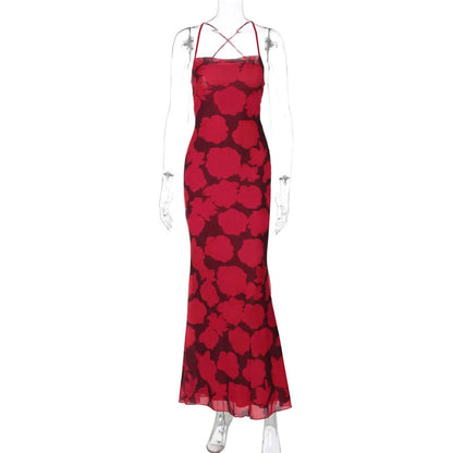 Elegant Dresses - Spaghetti Strap Print Sexy Maxi Dress For Women Gown Summer New Sleeveless Backless High Waist Club Long Dress Elegant