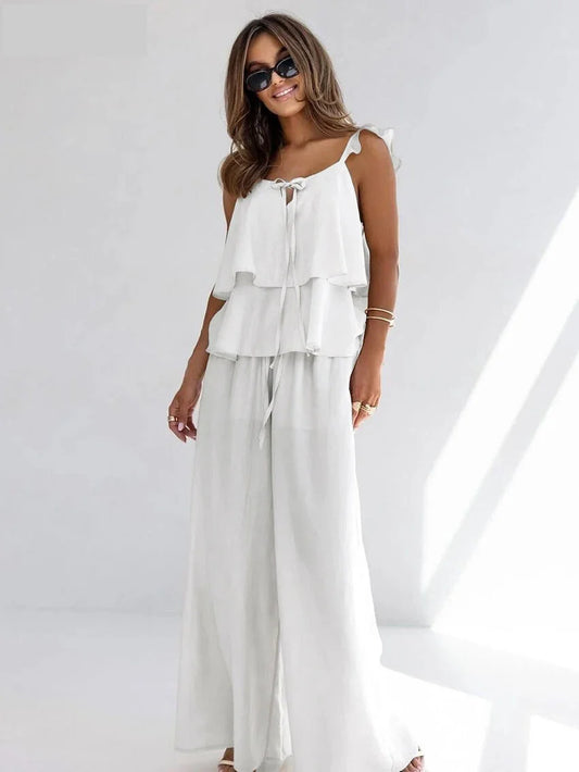 Matching Outfit Set - Loose White Cotton Women's Two Pieces Set 2025 Fashion Sleeveless Tank Top With High Waist Wide Pants Set Female