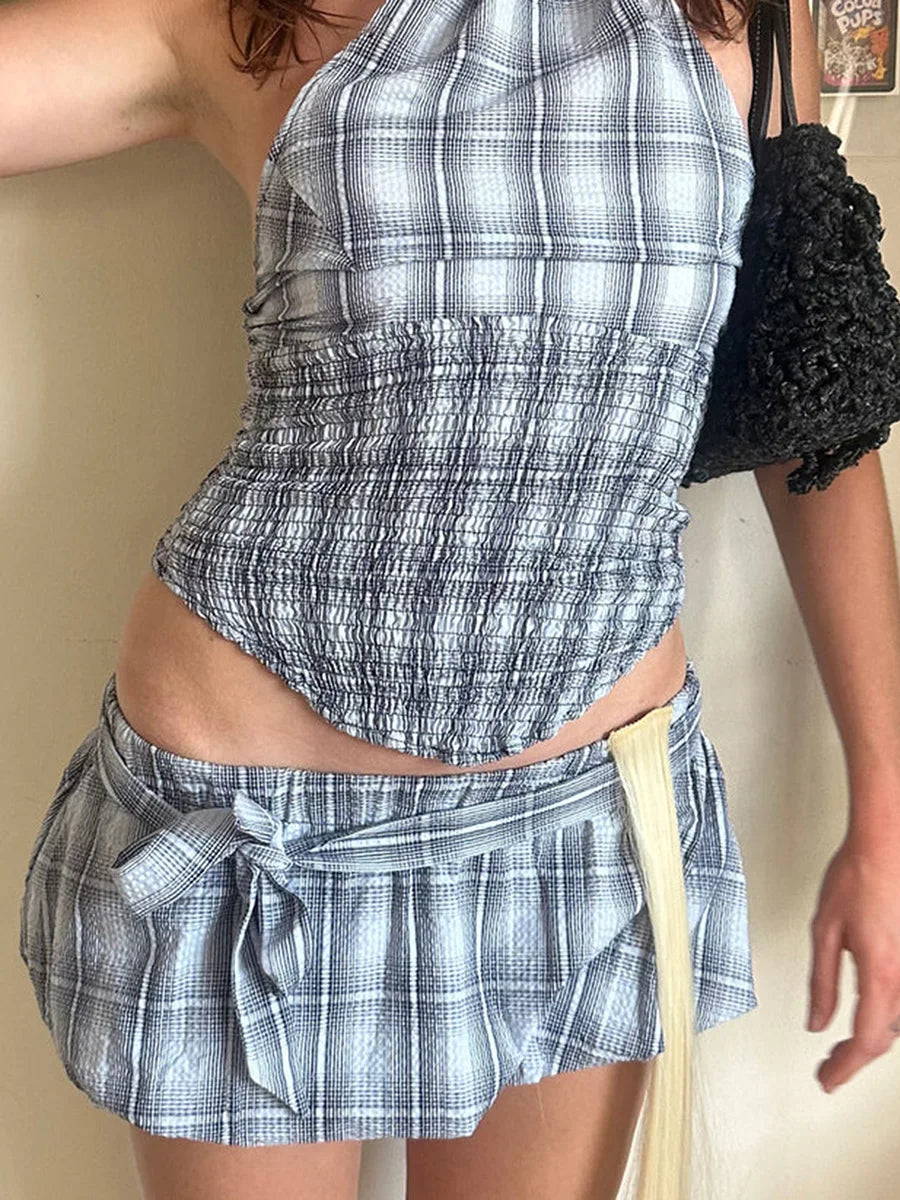 Casual Outfits - Women Y2K 2 Piece Bubble Skirt Outfit Set Off the Shoulder Plaid Halter Tank Top and Puff Mini Skirt with Belt Party Clubwear