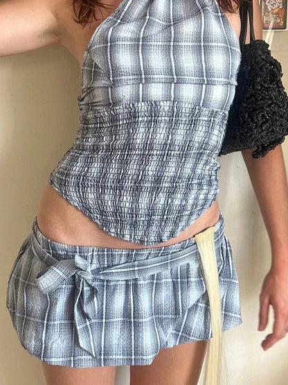 Casual Outfits - Women Y2K 2 Piece Bubble Skirt Outfit Set Off the Shoulder Plaid Halter Tank Top and Puff Mini Skirt with Belt Party Clubwear