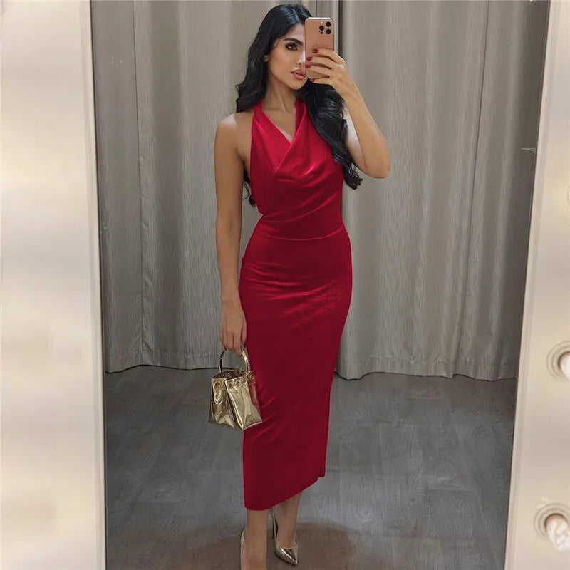 Elegant Dresses - Halter Backless Sexy Maxi Dress For Women Gown Fashion Lace-up Deep V Neck Sleeveless Bodycon Split Long Dress Elegant