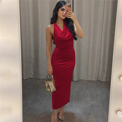 Elegant Dresses - Halter Backless Sexy Maxi Dress For Women Gown Fashion Lace-up Deep V Neck Sleeveless Bodycon Split Long Dress Elegant