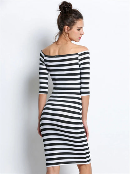 Bodycon dresses - Spring Summer Dresses Woman Size Dresses For Women Casual Stripe Print Off The Shoulder Half Long Sleeve Long Dress Robe Femme