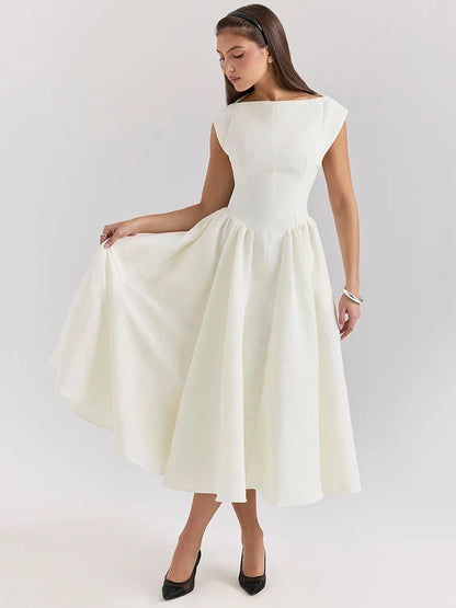 Elegant Dresses - White Backless A-line Sexy Maxi Dress For Women Gown Solid Hollow Out Sleeveless High Waist Club Pleated Dress Elegant
