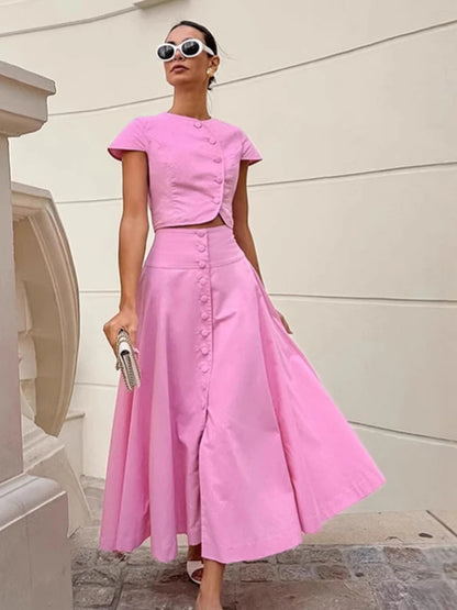 Skirt set - Women Vest Skirt Suit Solid O-neck Single Breasted Short Sleeve Short Top Button Wide Leg Skirts Female Summer Lady Beach Wears