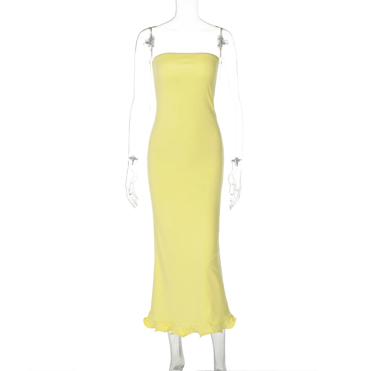 Tube Dresses - Sleeveless Ruffles Patchwork Strapless Bodycon Midi Dress Women'S Solid Sexy Outfit Party Clubwear For Autumn Winter