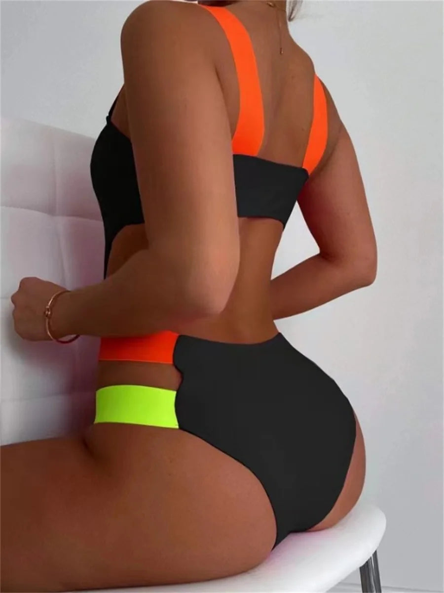 One Piece Swimsuit - Sexy Black Contrast One Piece Swimsuit 2025 Women Neon Strap Hollow Out Backless Monokini Summer Bathing Suit Patchwork Swimwear