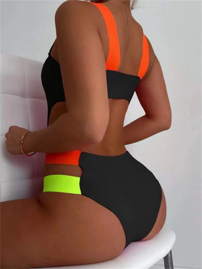 One Piece Swimsuit - Sexy Black Contrast One Piece Swimsuit 2025 Women Neon Strap Hollow Out Backless Monokini Summer Bathing Suit Patchwork Swimwear