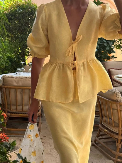 Matching Sets - Bornladies 2025 Summer Women's 100% Cotton V-Neck Lace-Up Bubble Sleeve Shirt Long Skirt Set Loose Casual Two-Piece Suit